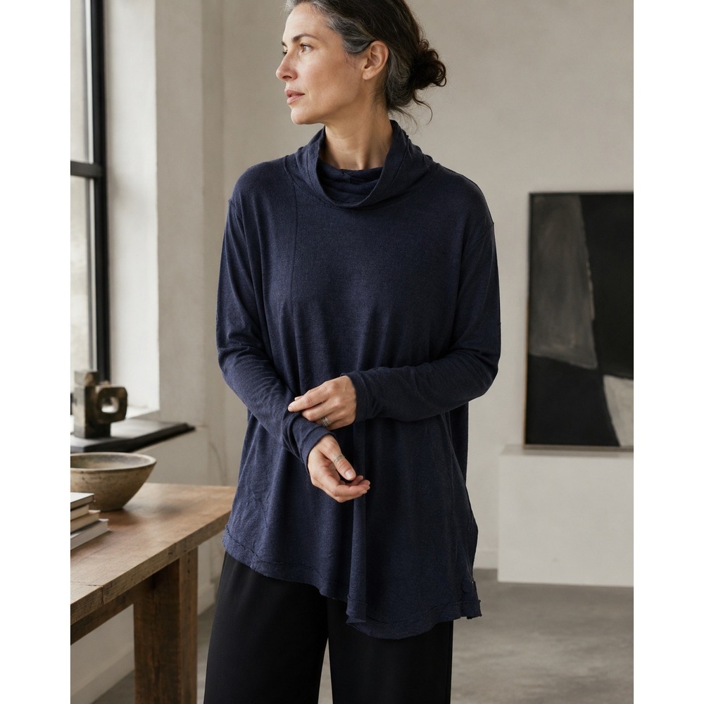 Oska Virgin Wool Funnel Neck Asymmetric Hem Long Sleeve Top Navy Heather 12-14